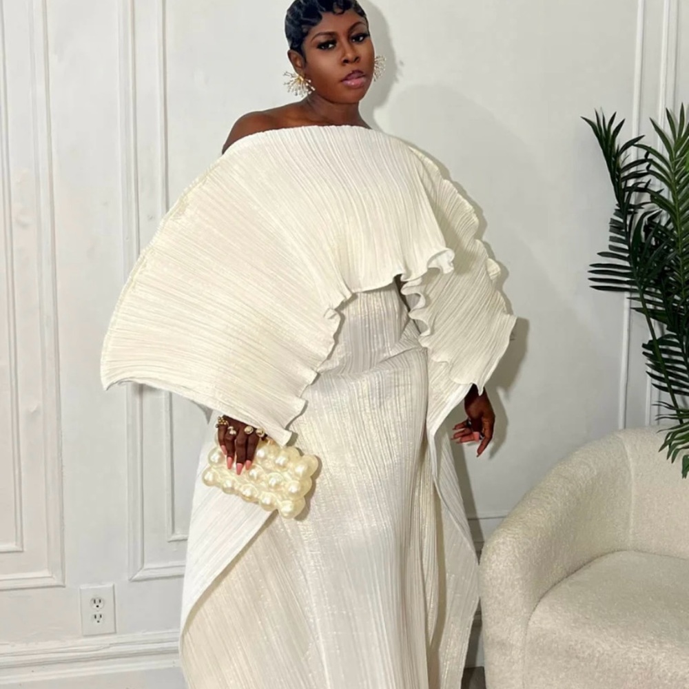 Cream Asymmetrical Off-Shoulder Dress with Flutter Sleeves